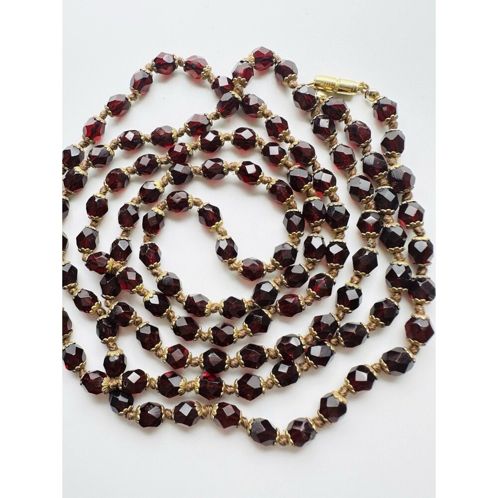 Vintage Art Deco Faceted Red Glass Bead Necklace 46”